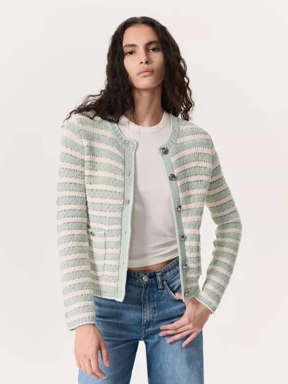 Rag & Bone Sweater Cardigan Womens Large Striped Knit Green Cotton Blend